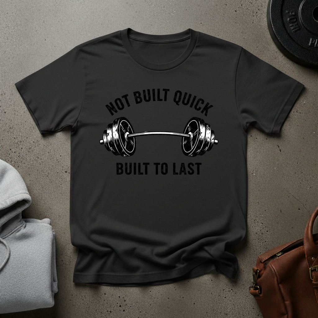 Not Built Quick Built to Last Barbell T-Shirt
