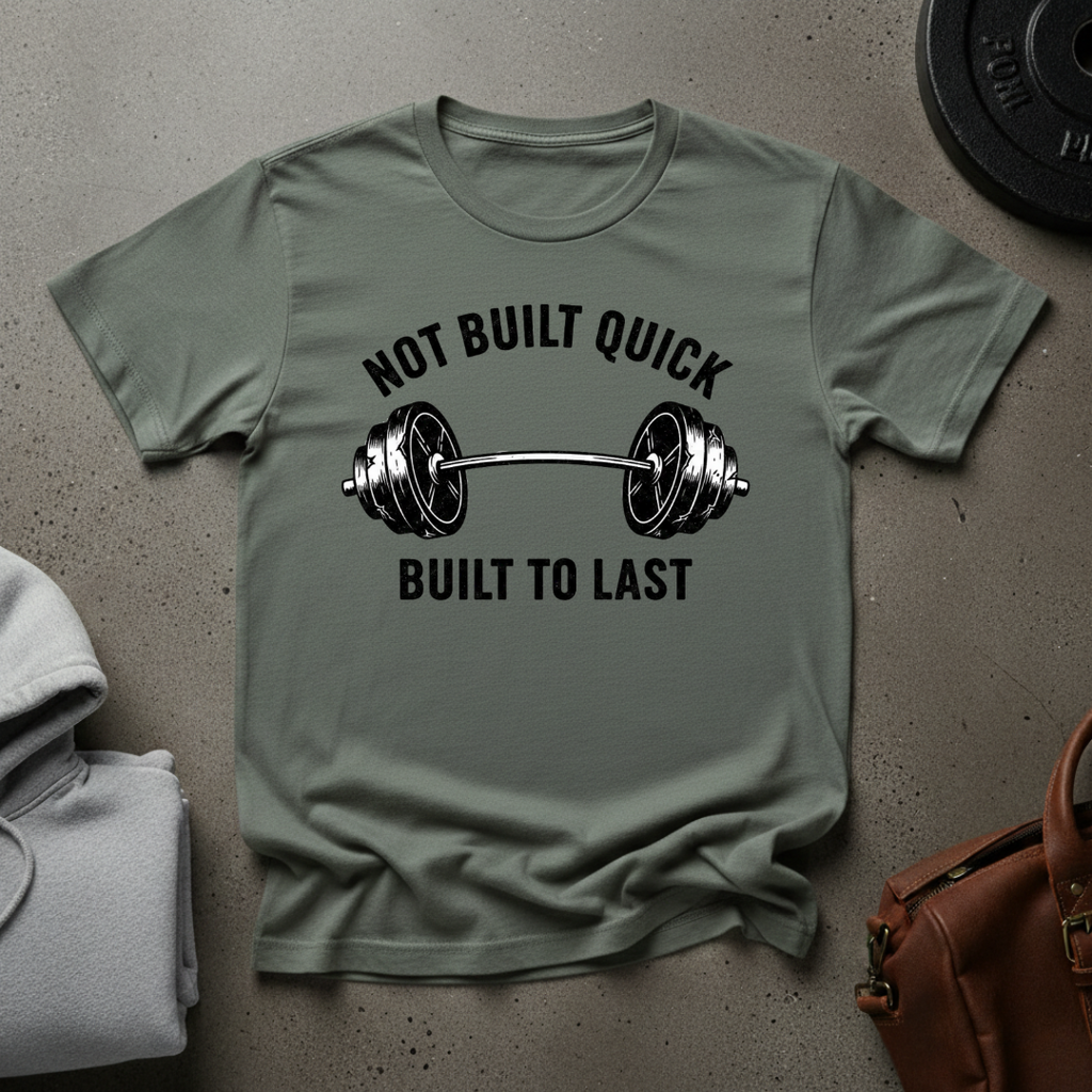 Not Built Quick Built to Last Barbell T-Shirt