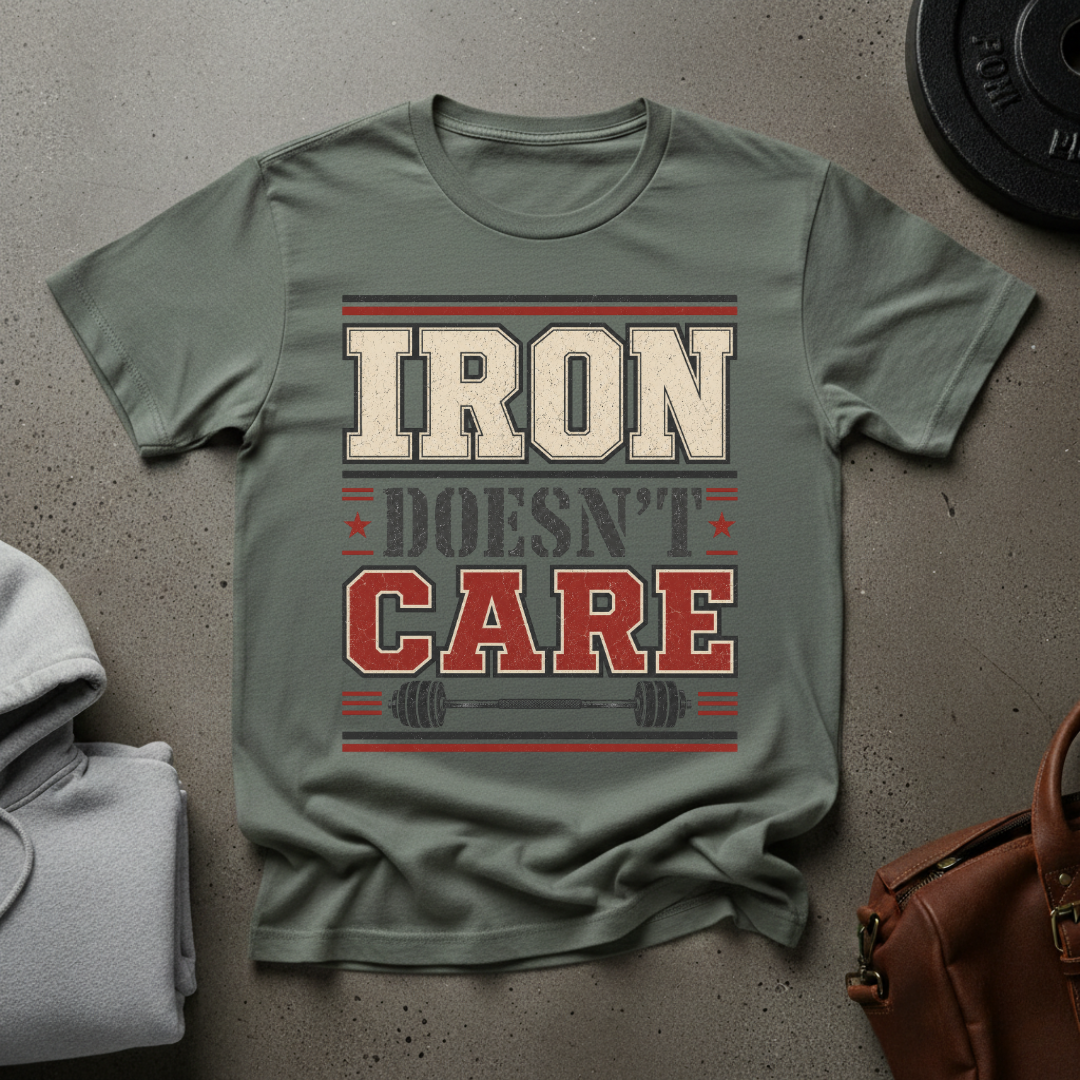 Iron Doesn't Care Barbell T-Shirt