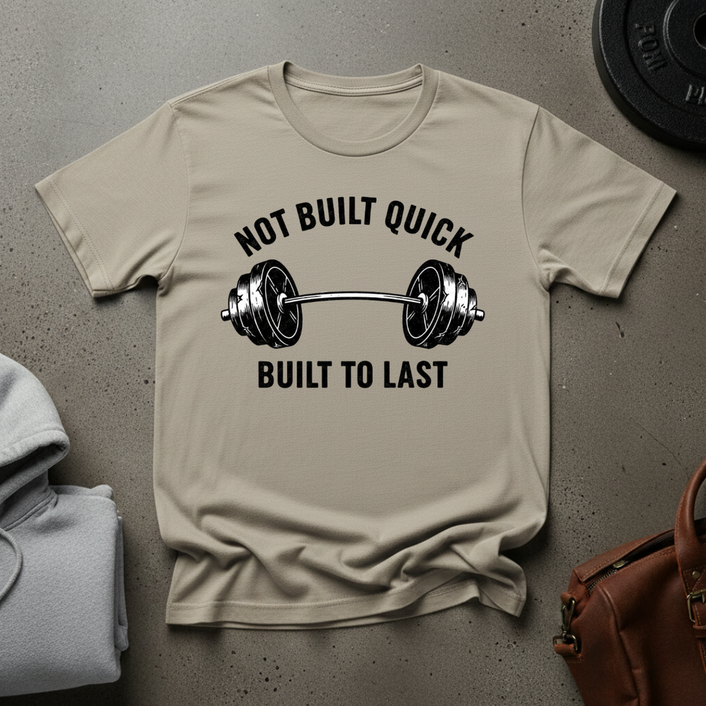 Not Built Quick Built to Last Barbell T-Shirt