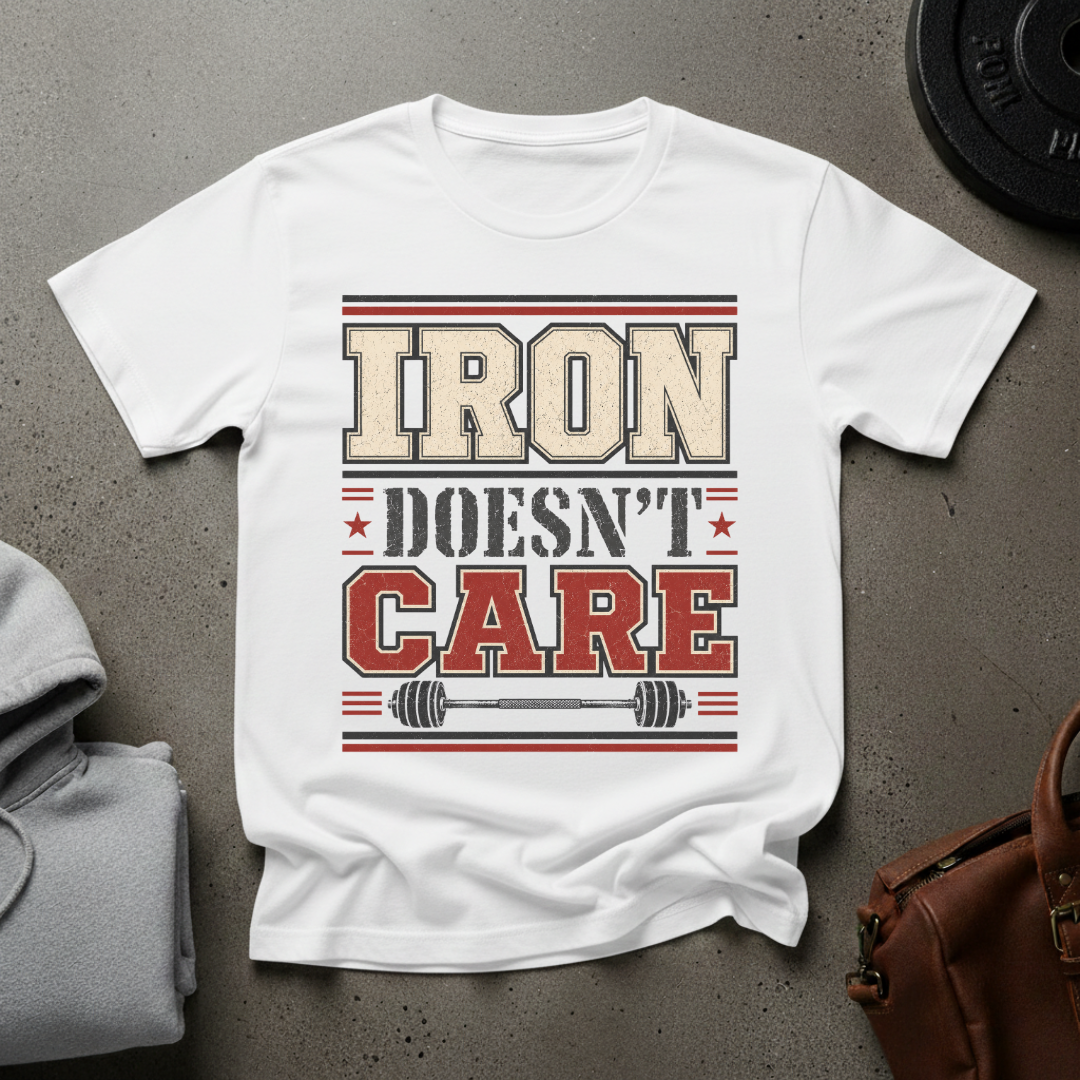 Iron Doesn't Care Barbell T-Shirt